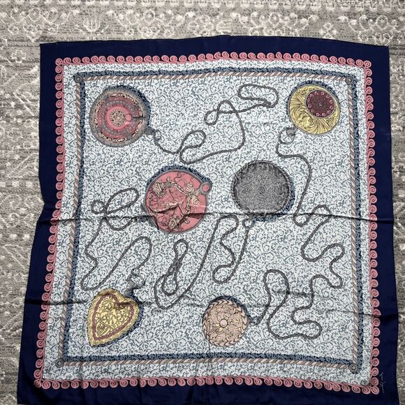 Ginnie Johansen Silk Scarf 33" Square Vintage Blue Pocket Watch Design - Picture 1 of 7